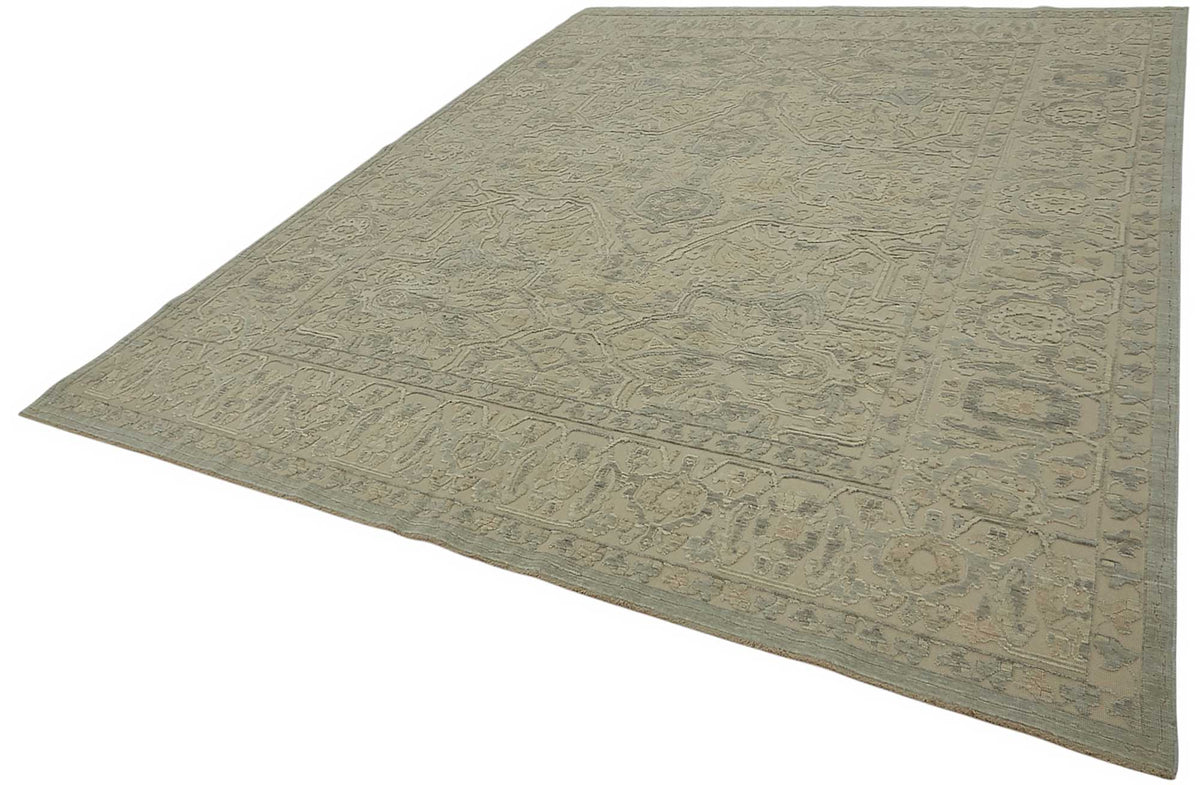 Veltos Uşak El Dokuma Açık Gri ve Mavi Madalyonlu Halı 274x345 cm – doku yakın çekim