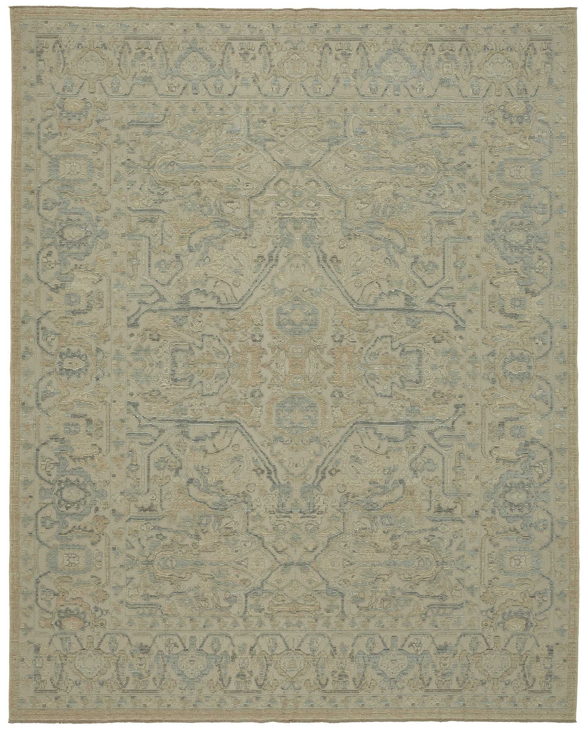 Veltos Bej Gri-Mavi Madalyon Desenli Yün El Dokuma Halı 275x345 cm