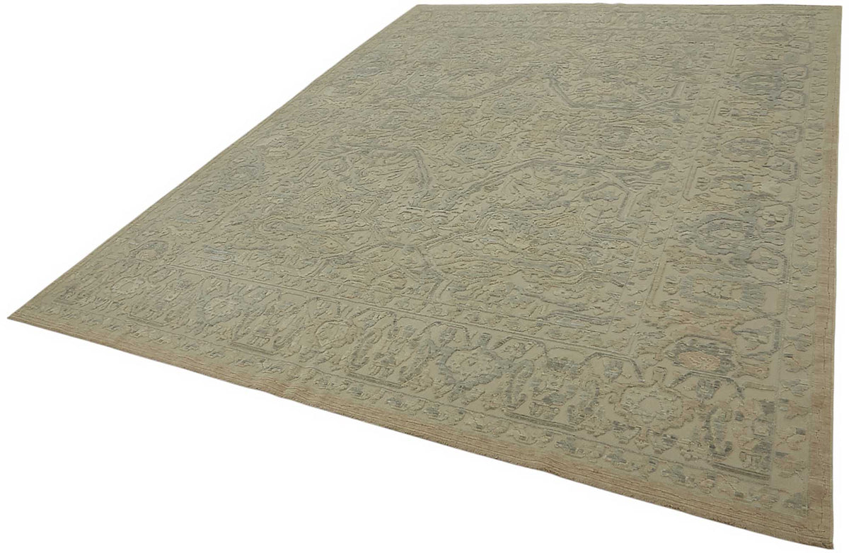 Veltos Bej Gri-Mavi Madalyon Desenli Yün El Dokuma Halı 275x345 cm – doku yakın çekim