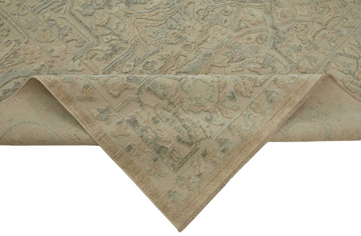 Veltos Bej Gri-Mavi Madalyon Desenli Yün El Dokuma Halı 275x345 cm – kenar detayı