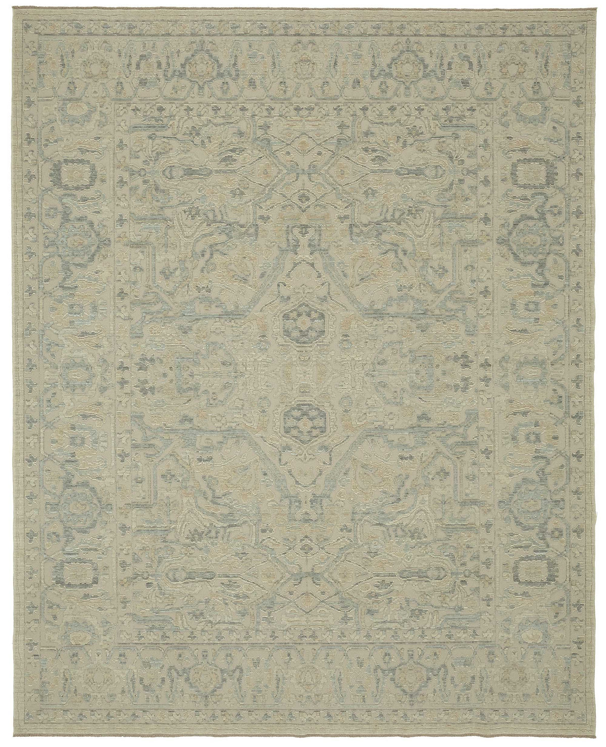 Veltos Açık Gri ve Mavi Madalyonlu Yün El Dokuma Halı 274x345 cm