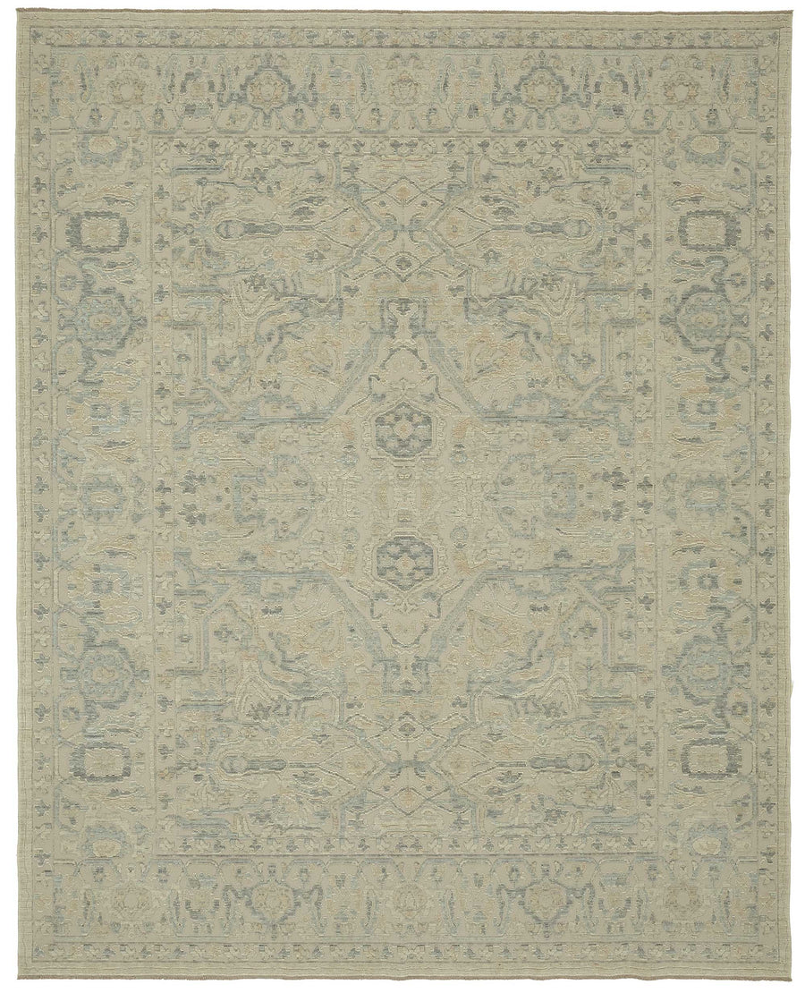 Veltos Açık Gri ve Mavi Madalyonlu Yün El Dokuma Halı 274x345 cm