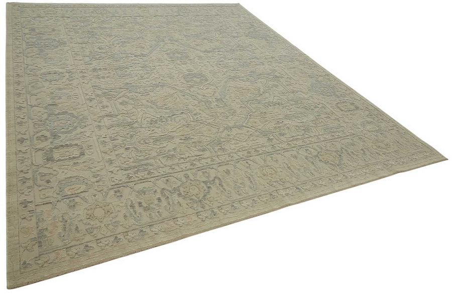 Veltos Açık Gri ve Mavi Madalyonlu Yün El Dokuma Halı 274x345 cm – genel görünüm