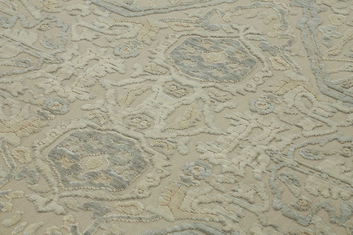 Veltos Açık Gri ve Mavi Madalyonlu Yün El Dokuma Halı 274x345 cm – mekânda kullanım