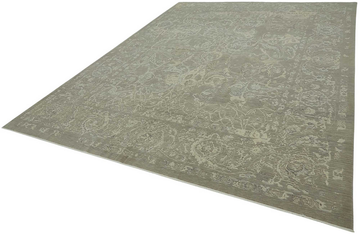 Veltos Gri Bej Çiçek Desenli Klasik El Dokuma Halı 284x352 cm – doku yakın çekim