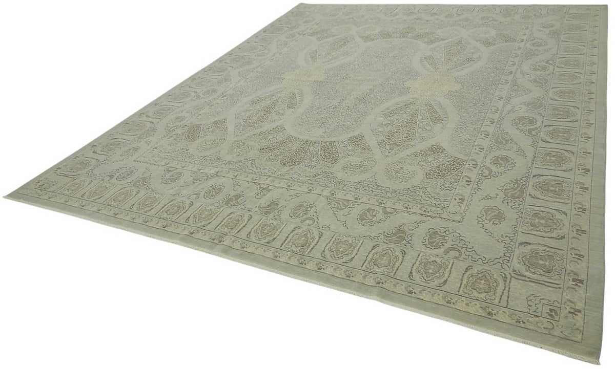 Veltos Madalyon Desenli Vizon Gri Bej El Dokuma Halı 310x371 cm – doku yakın çekim