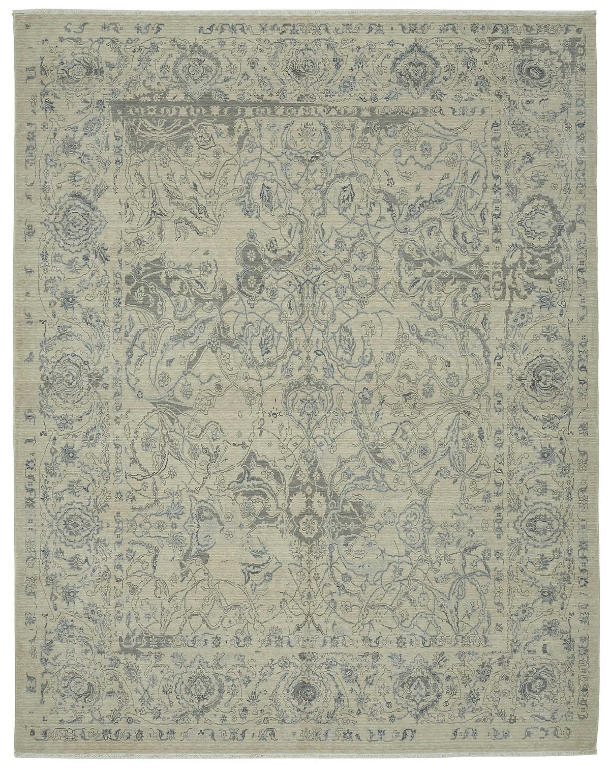 Veltos Uşak Çiçek Desenli Açık Gri Bej El Dokuma Yün Halı 280x357 cm