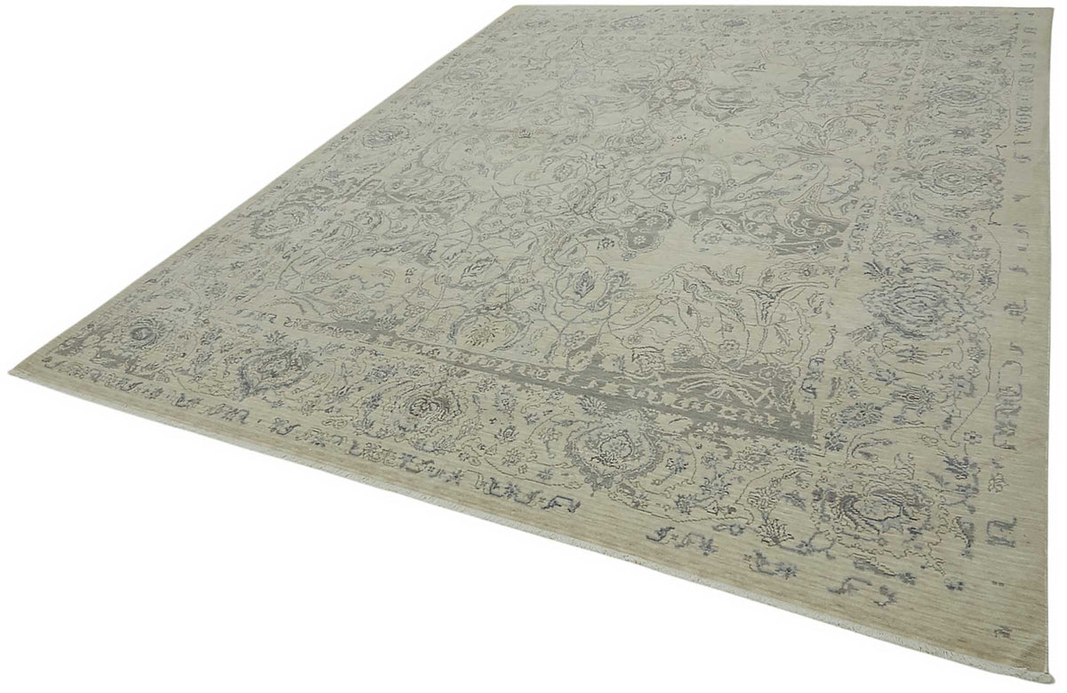 Veltos Uşak Çiçek Desenli Açık Gri Bej El Dokuma Yün Halı 280x357 cm – doku yakın çekim