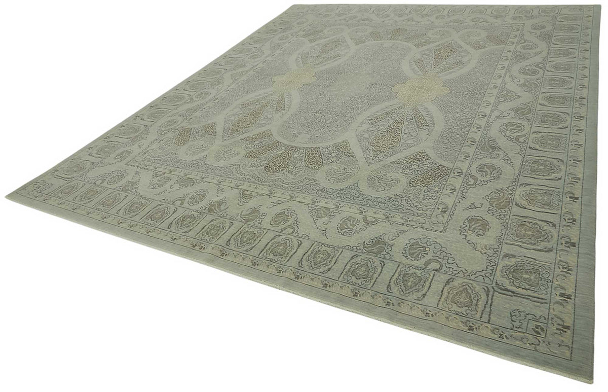Veltos Gri Bej Madalyon Desenli Klasik El Dokuma Halı 310x376 cm – doku yakın çekim