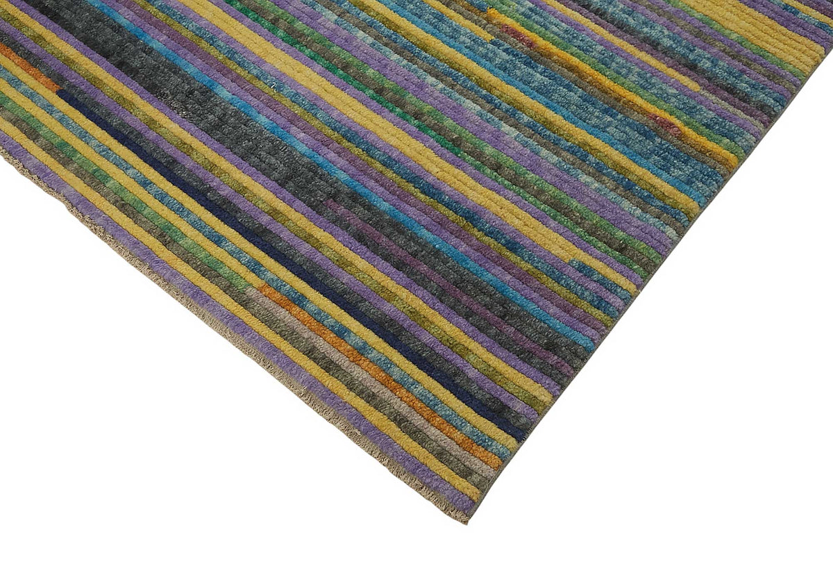 Veltos Modern Sarı ve Mavi Çizgili Çok Renkli El Dokuma Halı 293x361 cm – detay görünümü