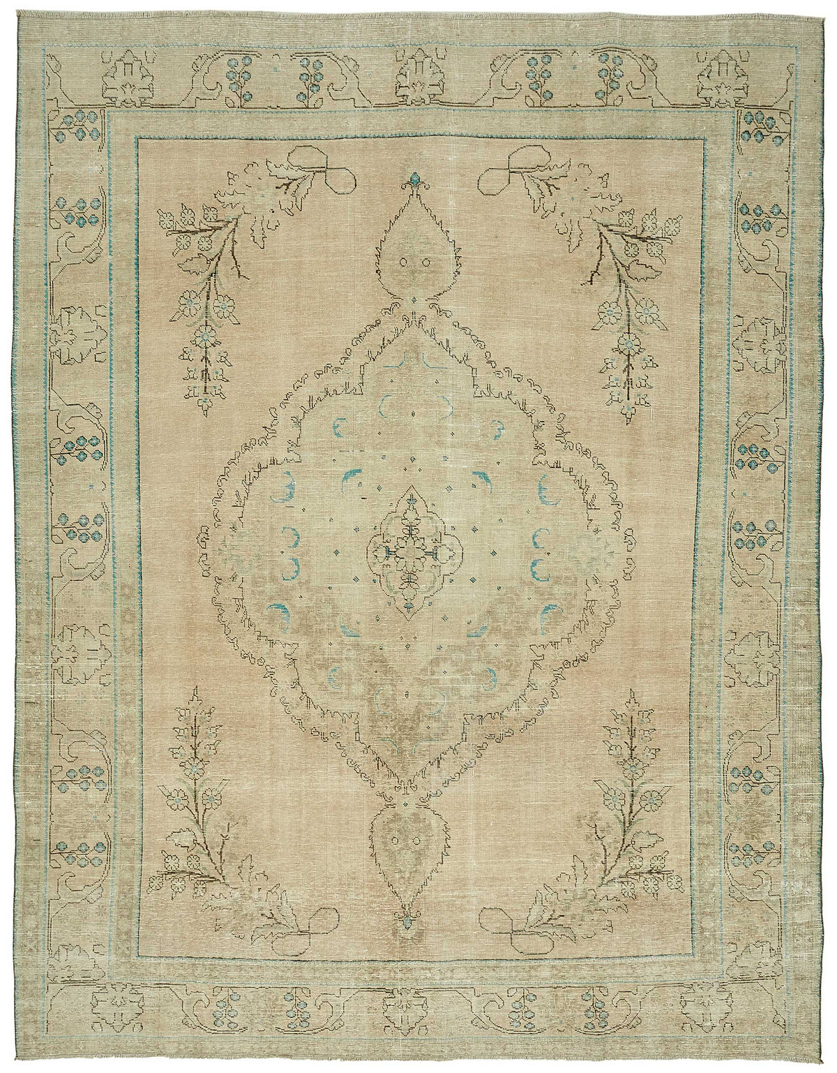 Rusvo Vintage Bej Turkuaz Madalyon Desenli El Dokuma Halı 290x374 cm