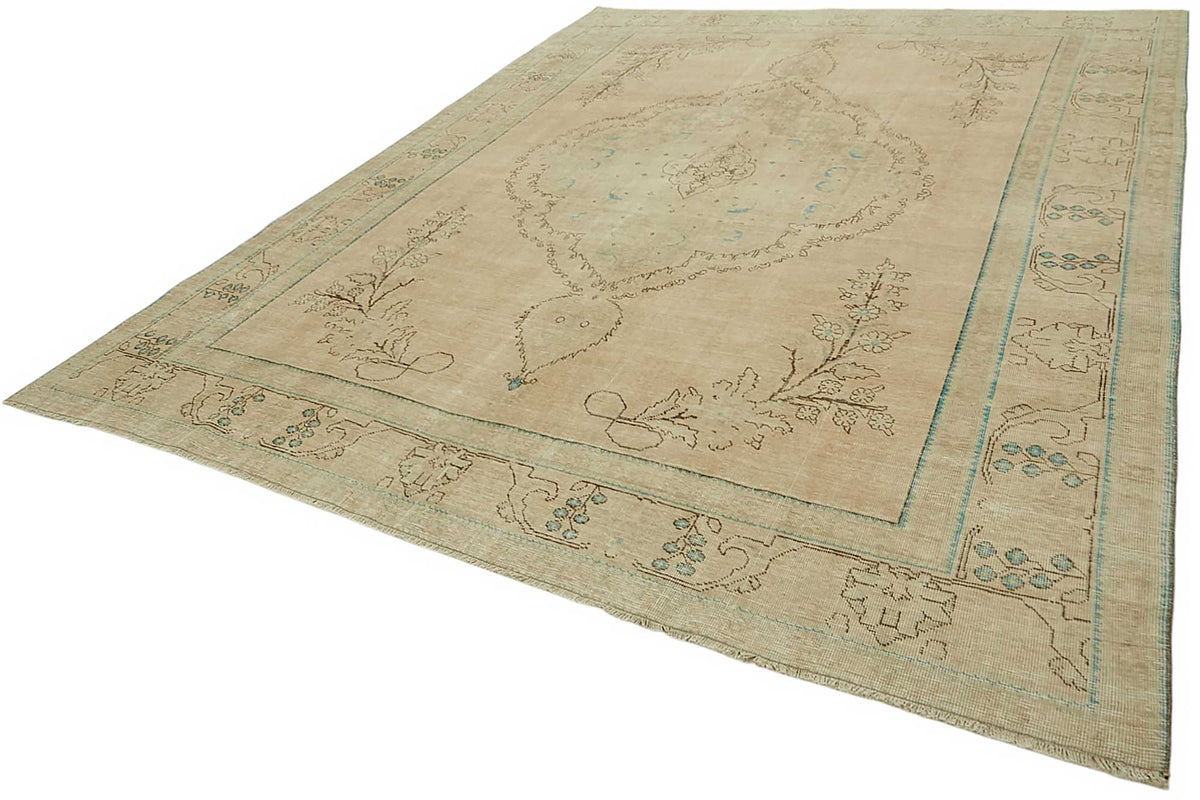 Rusvo Vintage Bej Turkuaz Madalyon Desenli El Dokuma Halı 290x374 cm – doku yakın çekim