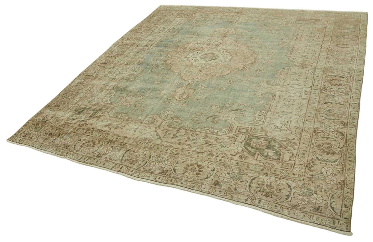 Rusvo Turkuaz Bej Madalyon Desenli Vintage El Dokuma Halı 294x381 cm – doku yakın çekim