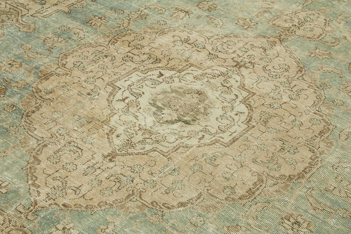 Rusvo Turkuaz Bej Madalyon Desenli Vintage El Dokuma Halı 294x381 cm – mekânda kullanım