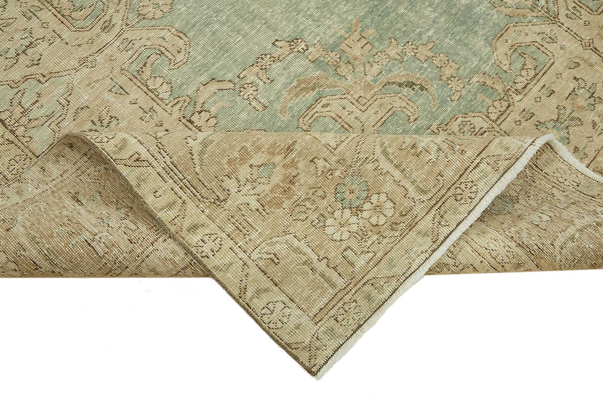 Rusvo Turkuaz Bej Madalyon Desenli Vintage El Dokuma Halı 294x381 cm – kenar detayı
