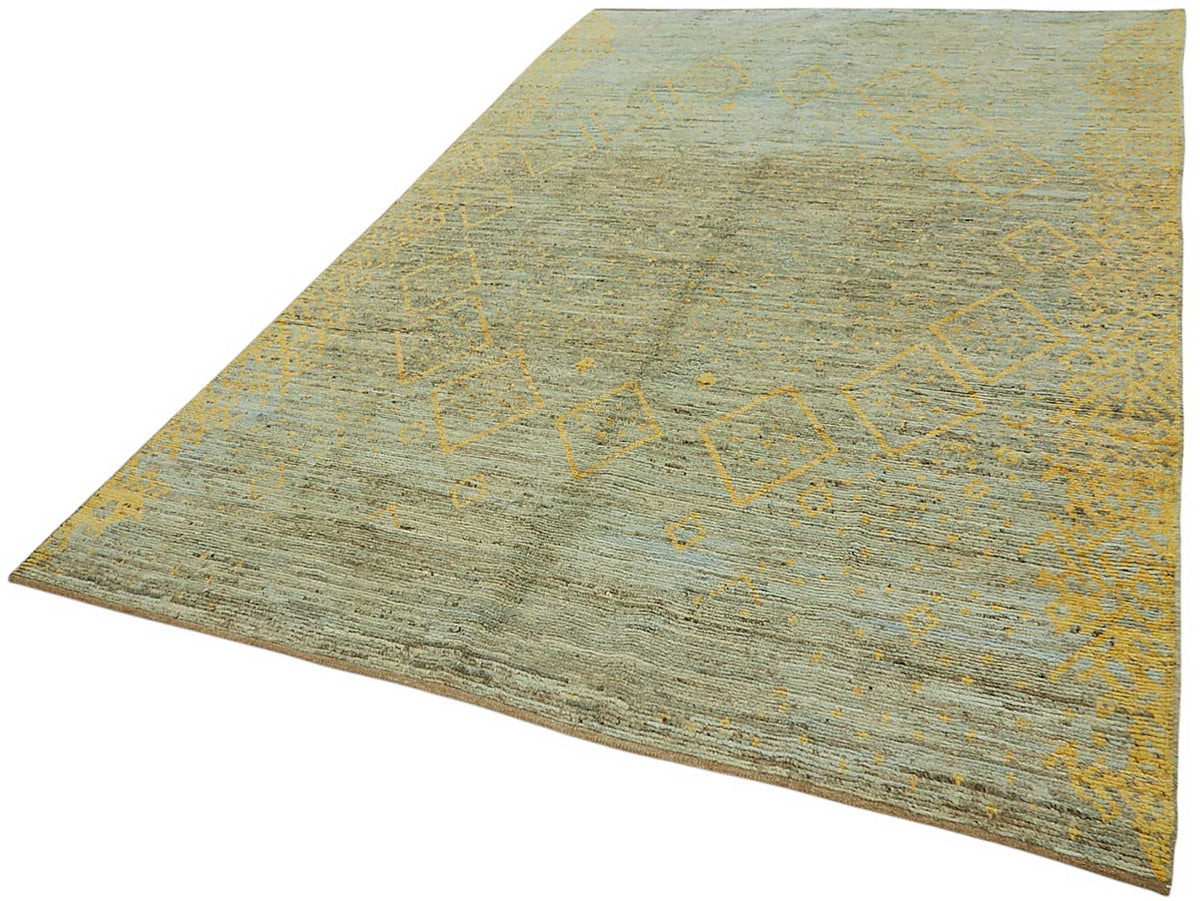 Dromar Açık Mavi ve Hardal Sarısı Geometrik Yün Halı 200x305 cm – doku yakın çekim