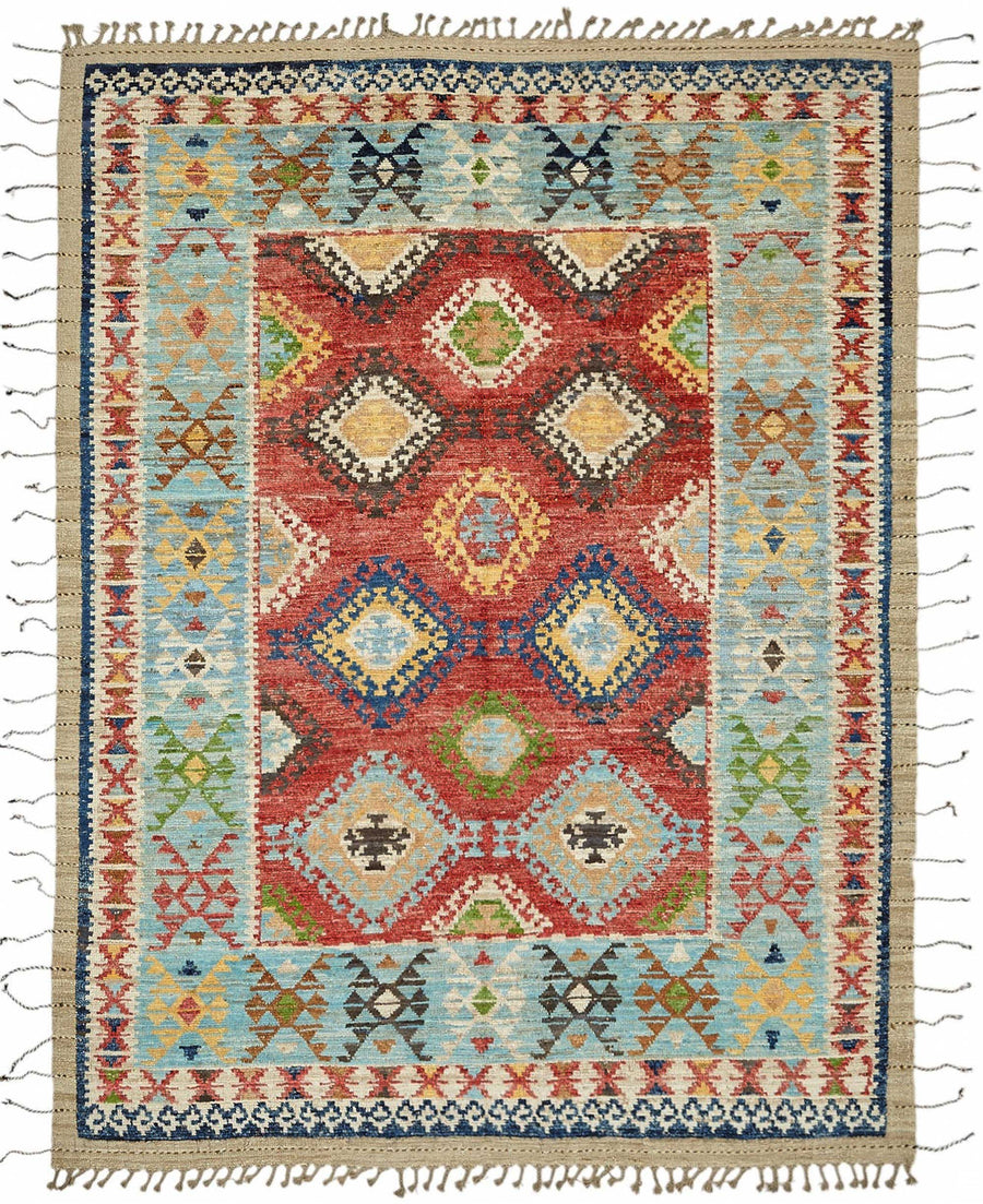 Dromar Kırmızı Mavi Geometrik Desenli Yün Pamuk El Dokuma Halı 228x300 cm