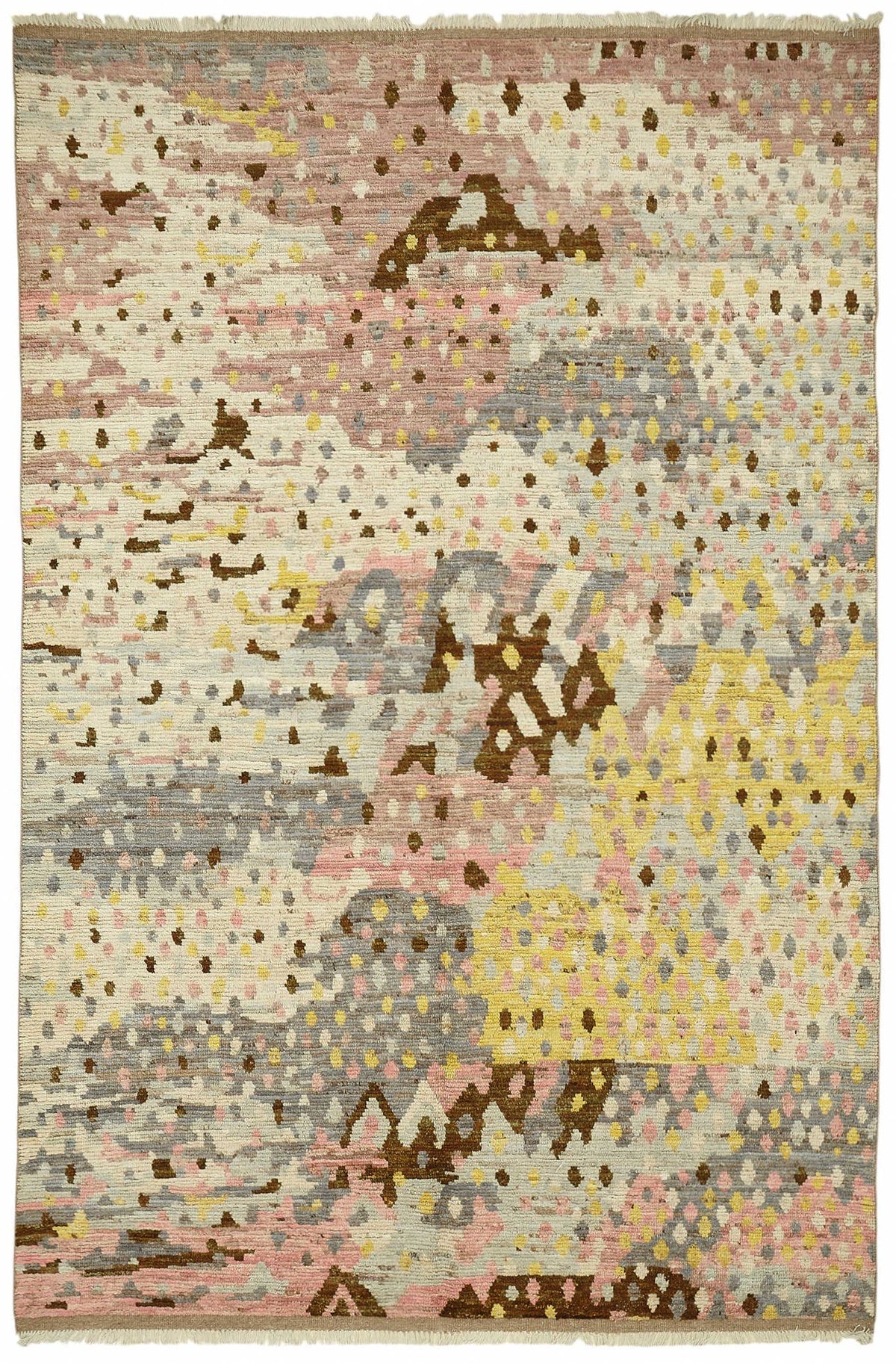 Dromar Bej ve Pembe Soyut Desenli Yün El Dokuma Modern Halı 195x294 cm
