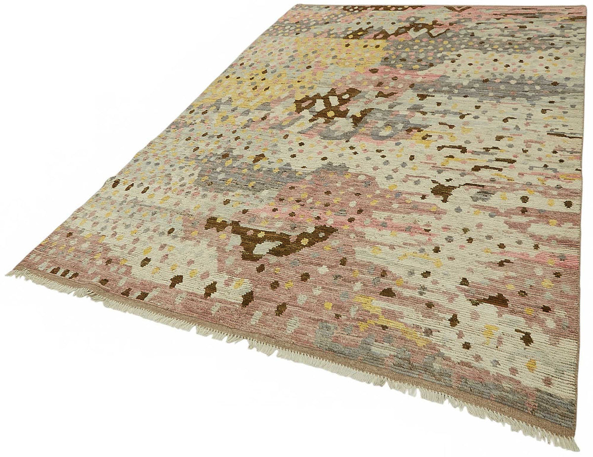 Dromar Bej ve Pembe Soyut Desenli Yün El Dokuma Modern Halı 195x294 cm – doku yakın çekim