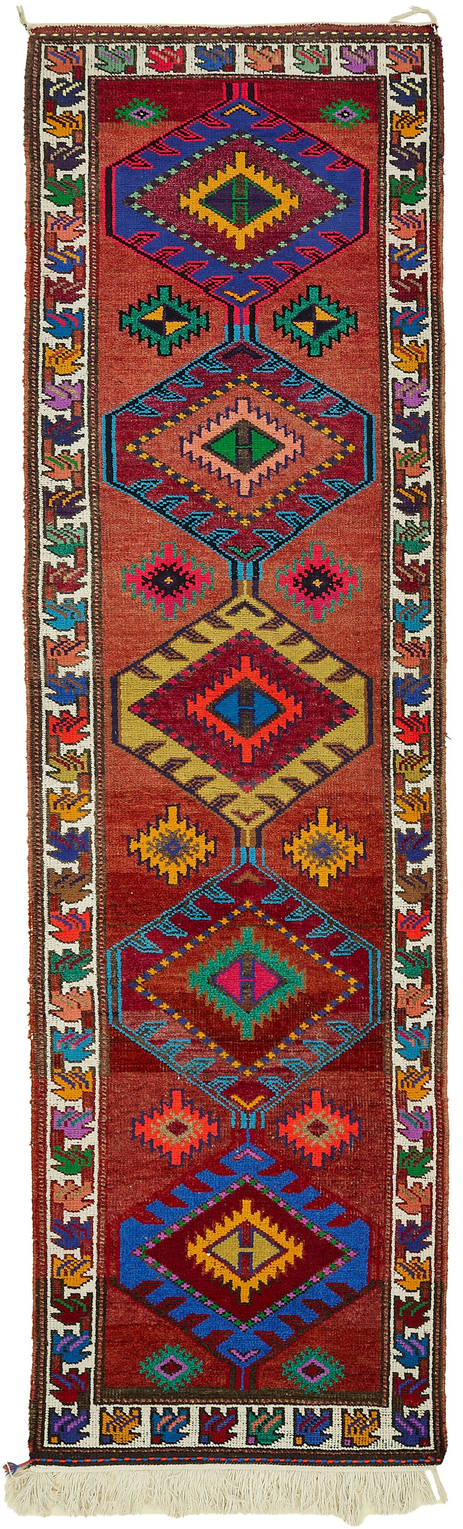 Zolvo Kırmızı Çok Renkli Etnik Geometrik El Dokuma Yolluk 94x340 cm