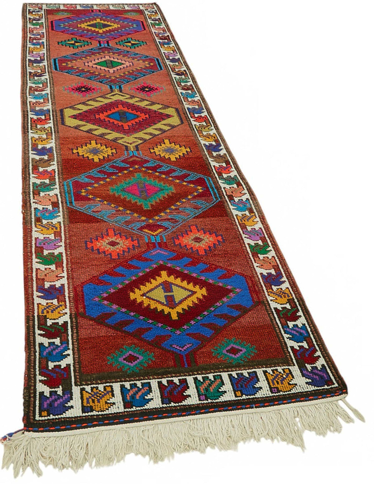 Zolvo Kırmızı Çok Renkli Etnik Geometrik El Dokuma Yolluk 94x340 cm – genel görünüm