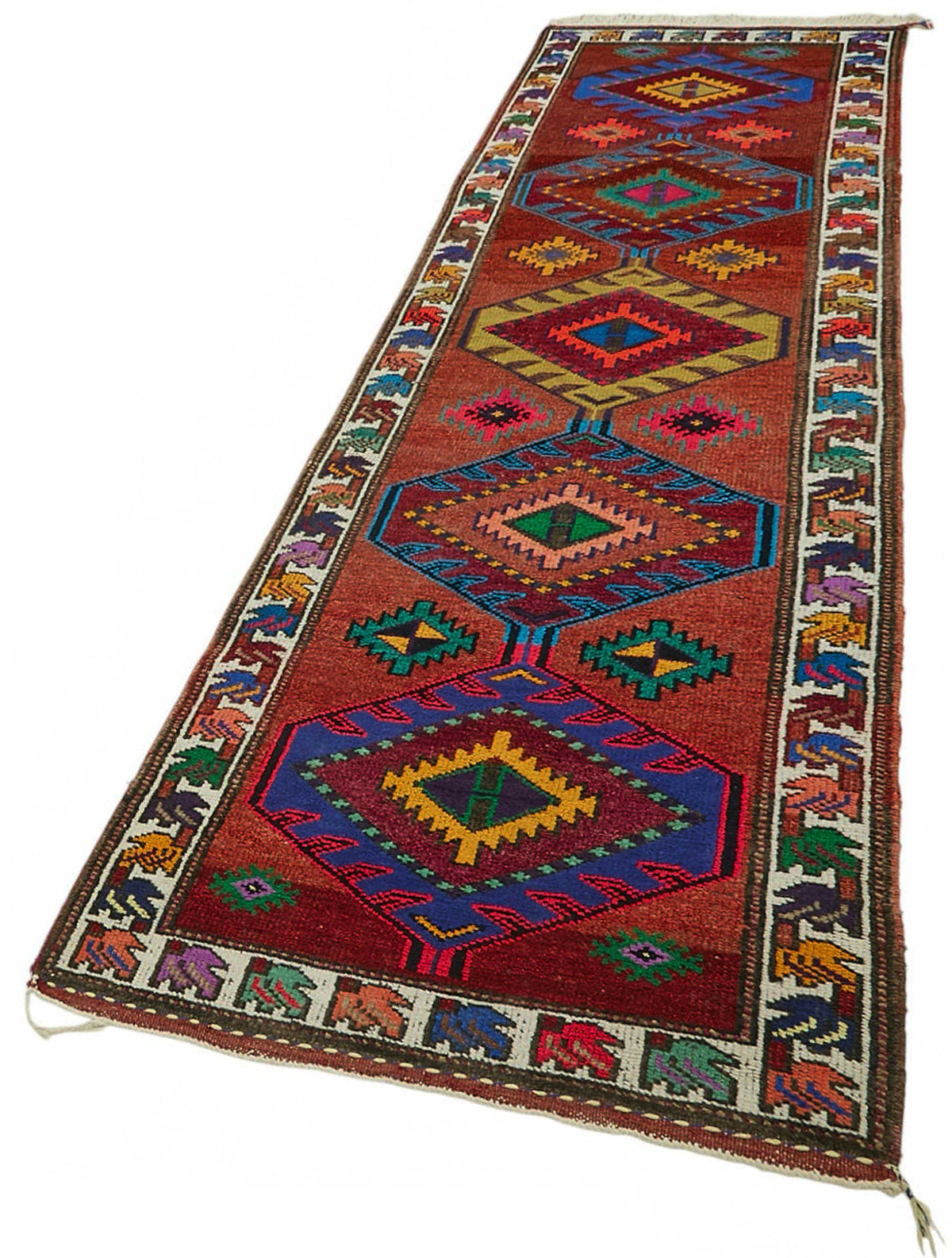 Zolvo Kırmızı Çok Renkli Etnik Geometrik El Dokuma Yolluk 94x340 cm – doku yakın çekim