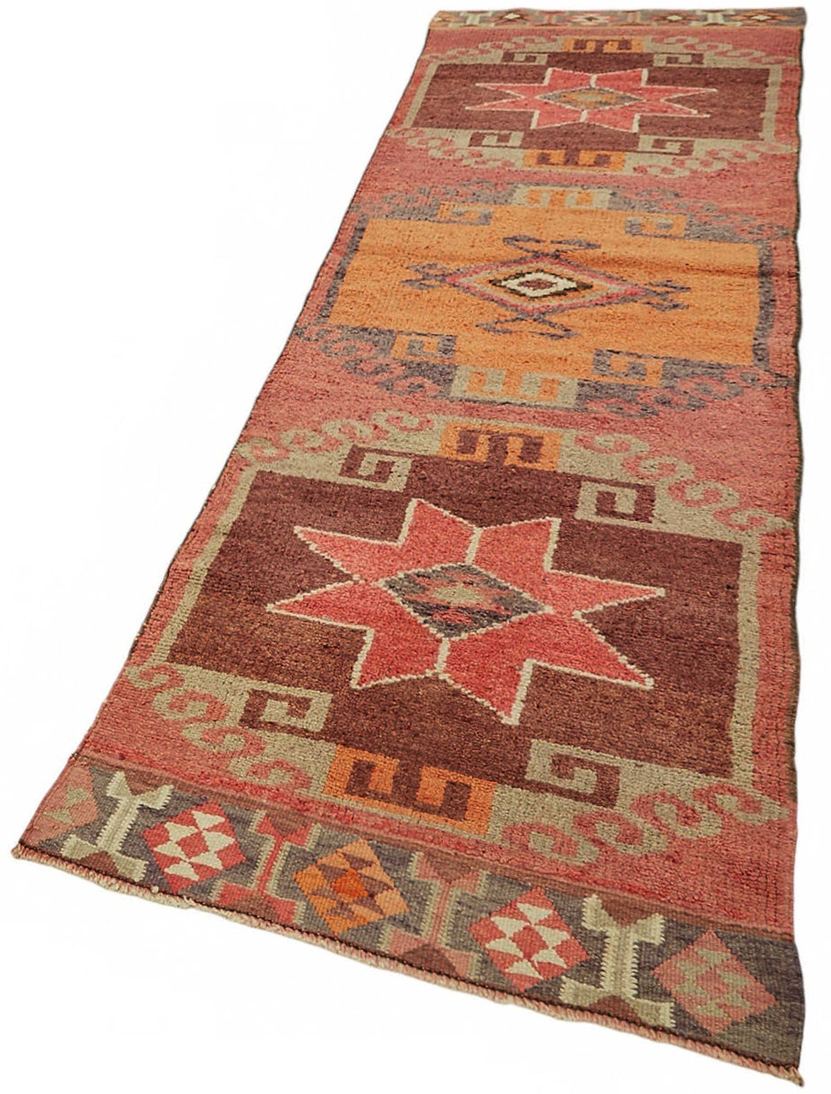 Zolvo Vintage Herki Kırmızı Geometrik Yolluk 92x342 cm 48181 – doku yakın çekim