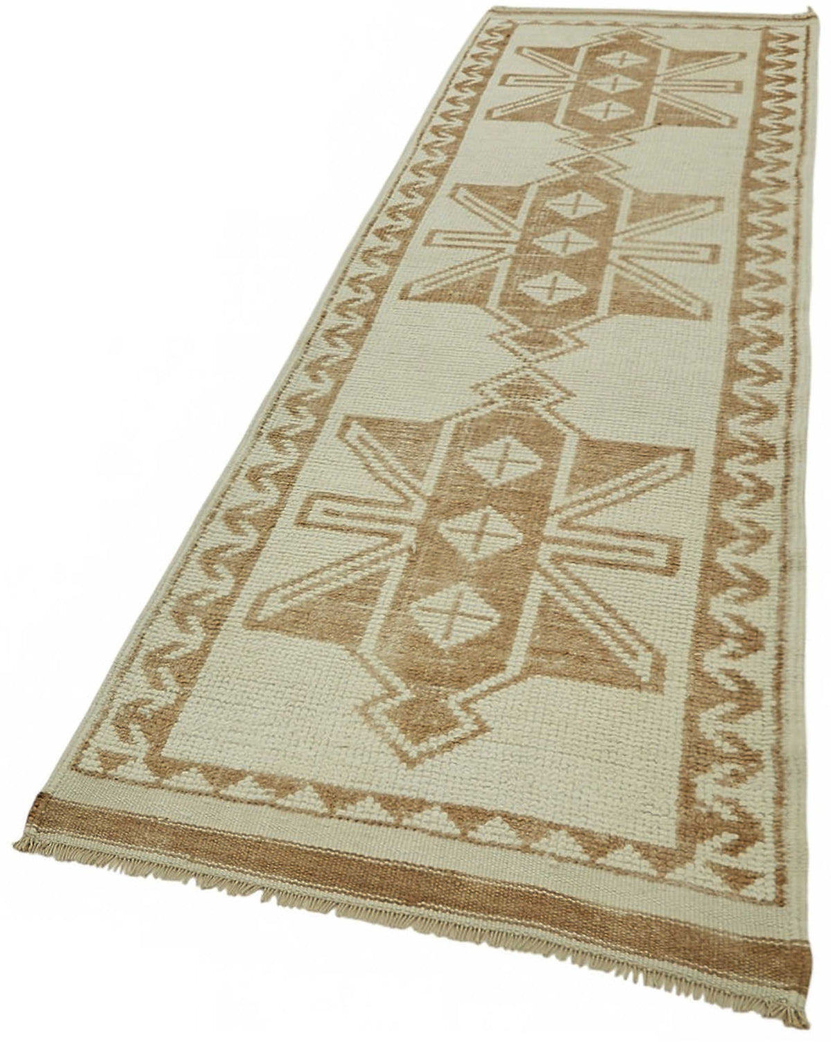 Zolvo Geometrik Desenli Bej ve Taba Rengi Vintage Yolluk 96x340 cm – doku yakın çekim