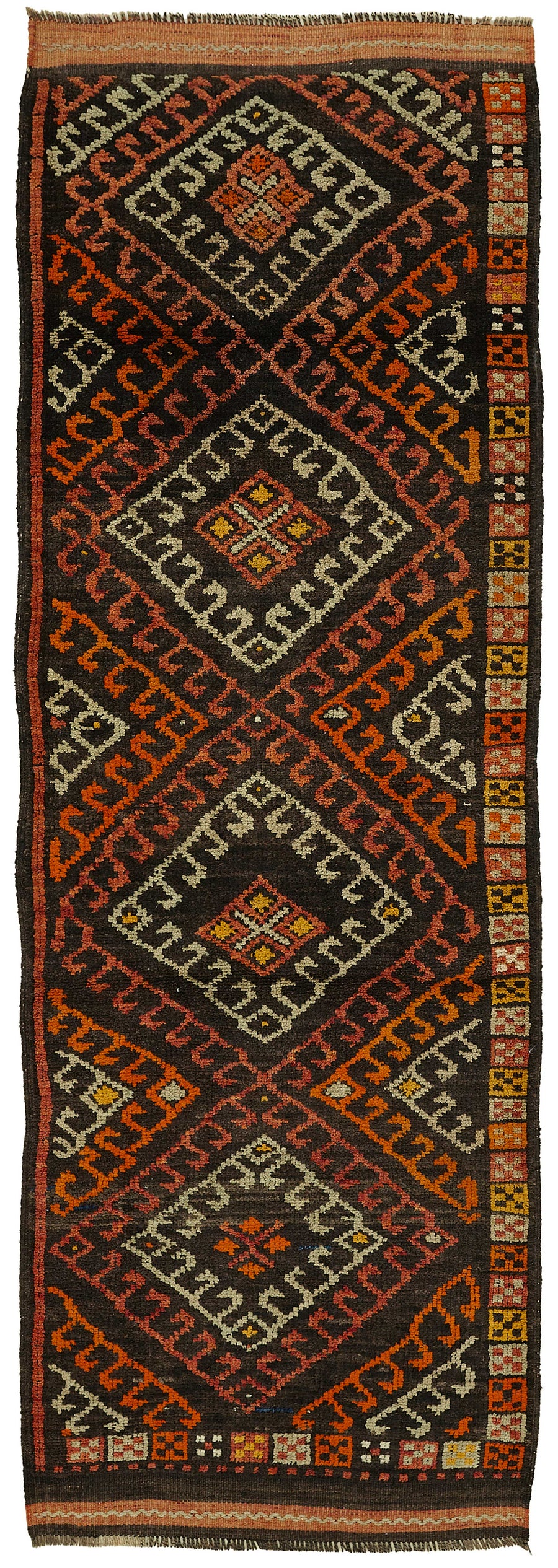 Zolvo Vintage Kahverengi Turuncu Baklava Desenli Yün Pamuk Yolluk 95x384 cm