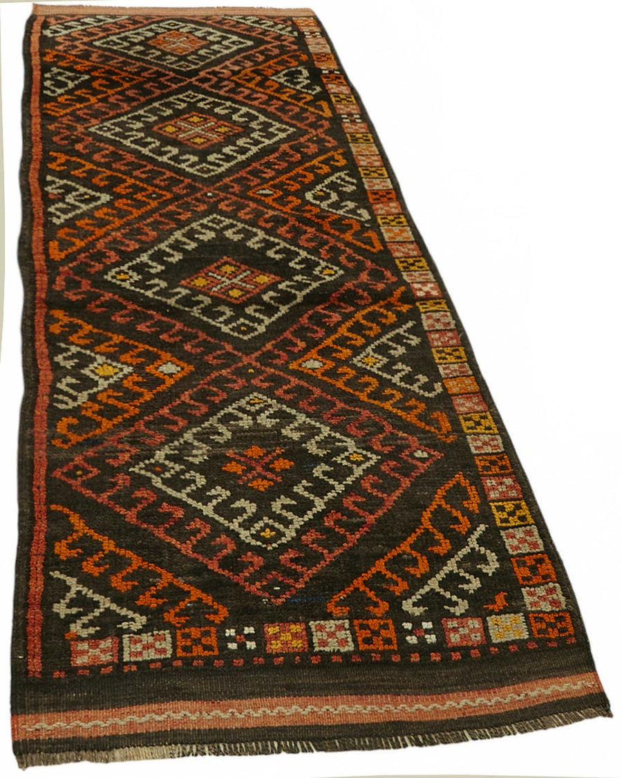 Zolvo Vintage Kahverengi Turuncu Baklava Desenli Yün Pamuk Yolluk 95x384 cm – genel görünüm