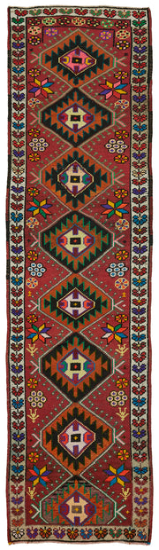 Zolvo Kırmızı Çok Renkli Geometrik Desenli El Dokuma Halı 84x336 cm