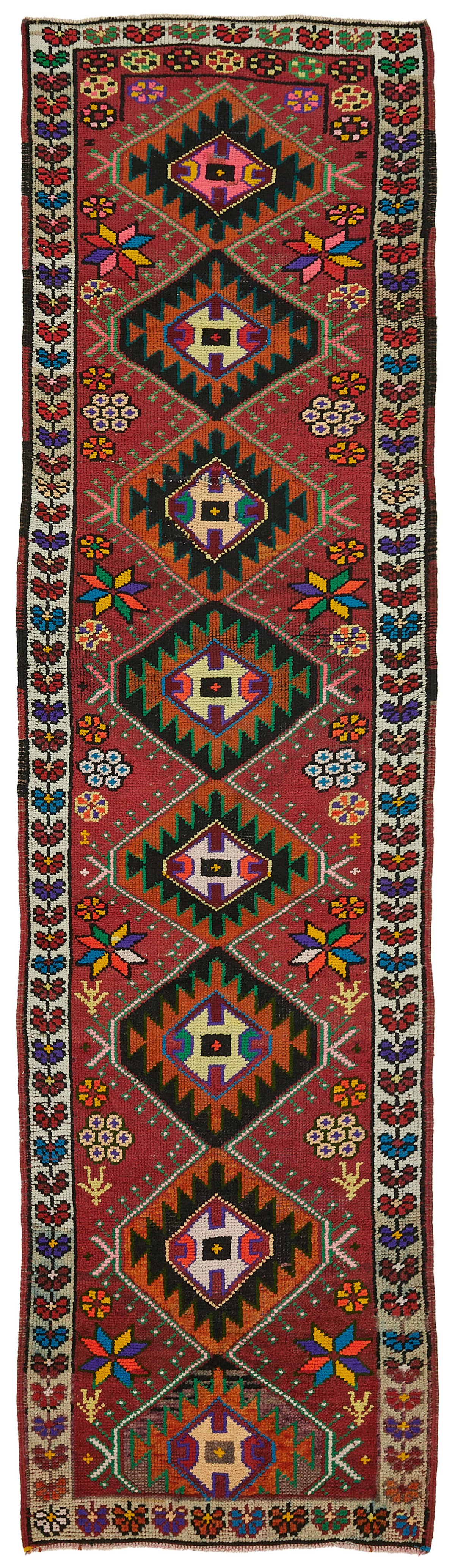 Zolvo Kırmızı Çok Renkli Geometrik Desenli El Dokuma Halı 84x336 cm