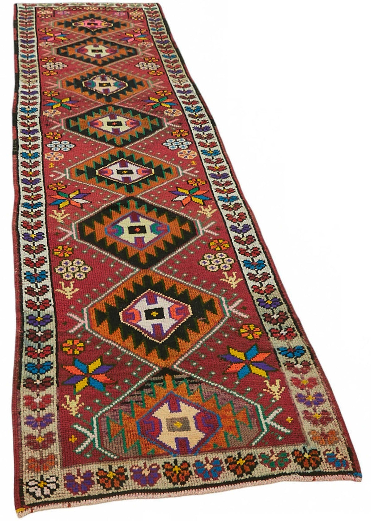 Zolvo Kırmızı Çok Renkli Geometrik Desenli El Dokuma Halı 84x336 cm – genel görünüm