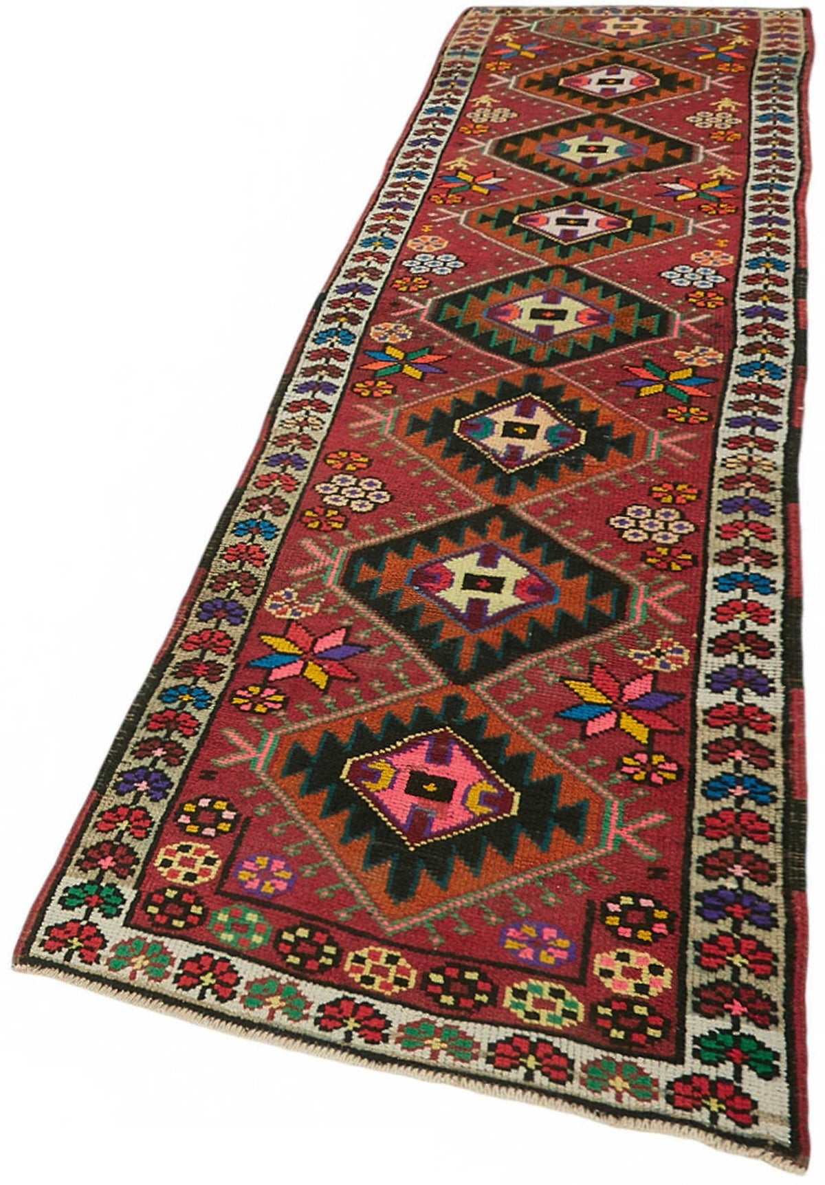 Zolvo Kırmızı Çok Renkli Geometrik Desenli El Dokuma Halı 84x336 cm – doku yakın çekim