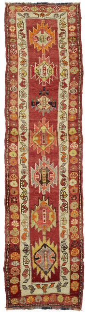 Zolvo Kırmızı Bej Geometrik Desenli 40-60 Yıllık El Dokuma Halı 90x333 cm