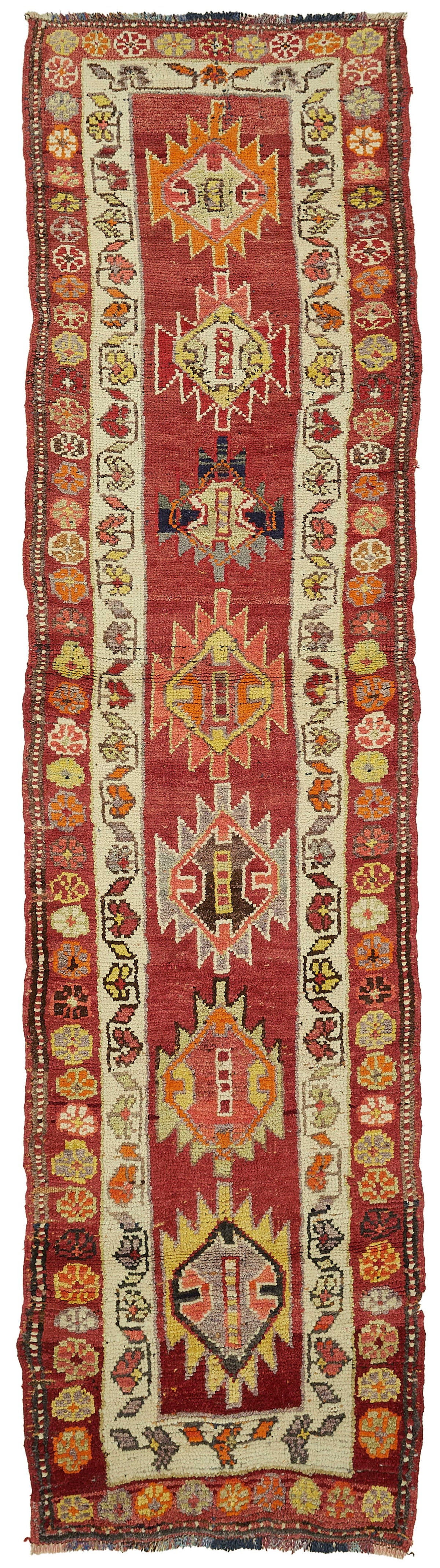 Zolvo Kırmızı Bej Geometrik Desenli 40-60 Yıllık El Dokuma Halı 90x333 cm
