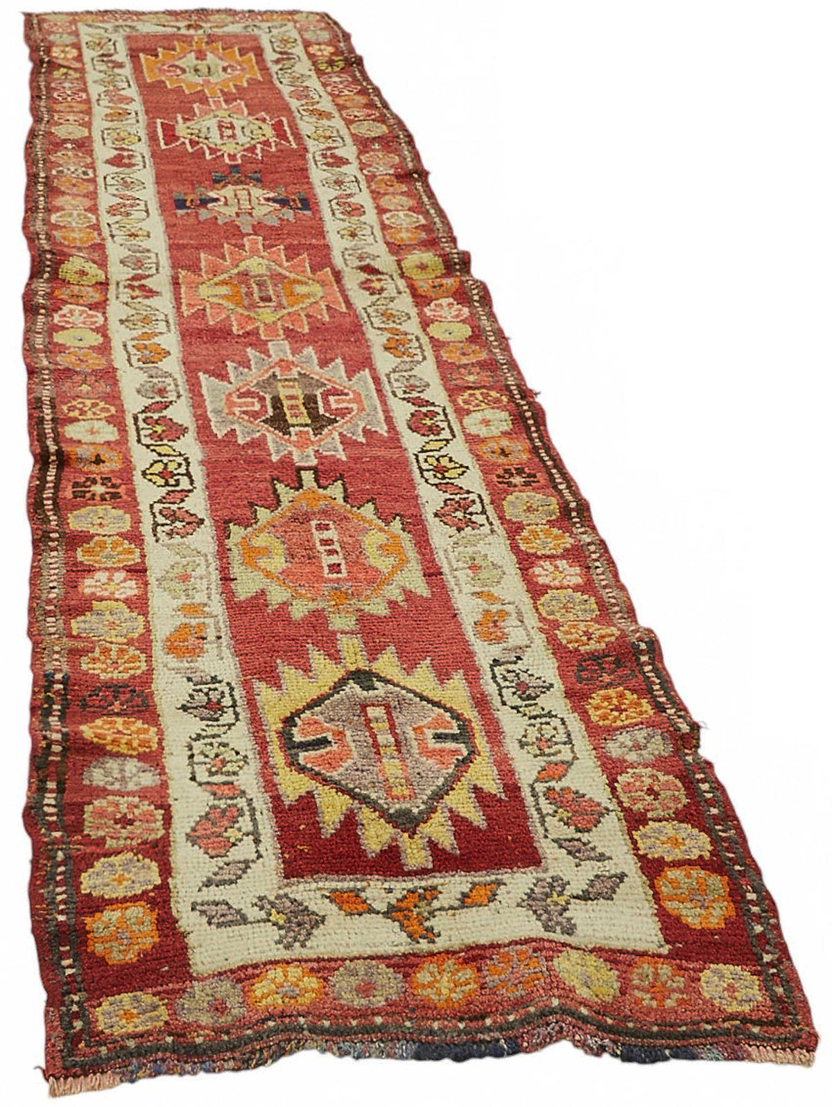 Zolvo Kırmızı Bej Geometrik Desenli 40-60 Yıllık El Dokuma Halı 90x333 cm – genel görünüm