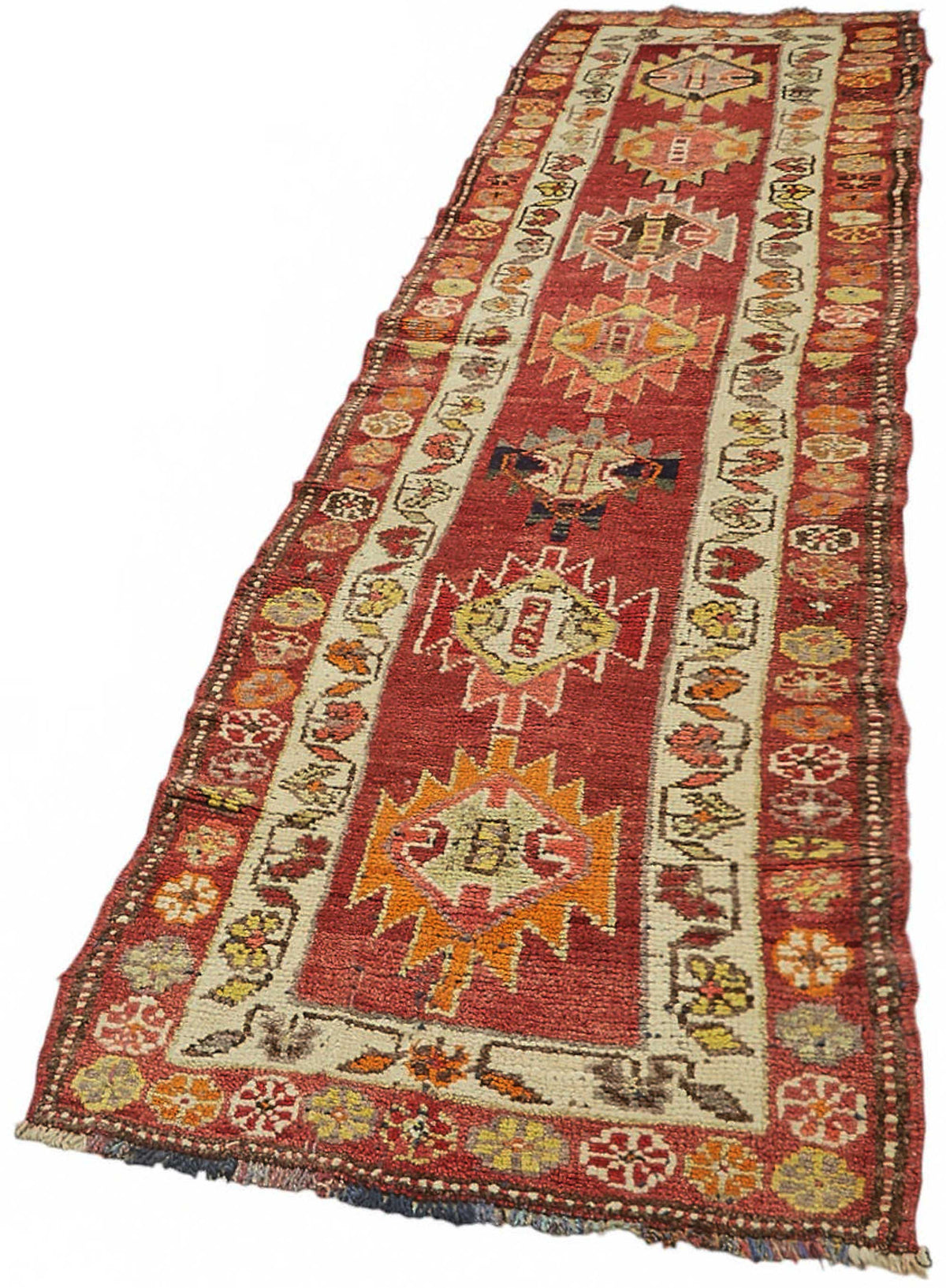 Zolvo Kırmızı Bej Geometrik Desenli 40-60 Yıllık El Dokuma Halı 90x333 cm – doku yakın çekim