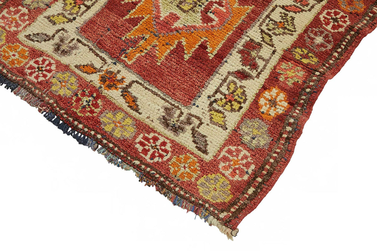 Zolvo Kırmızı Bej Geometrik Desenli 40-60 Yıllık El Dokuma Halı 90x333 cm – detay görünümü