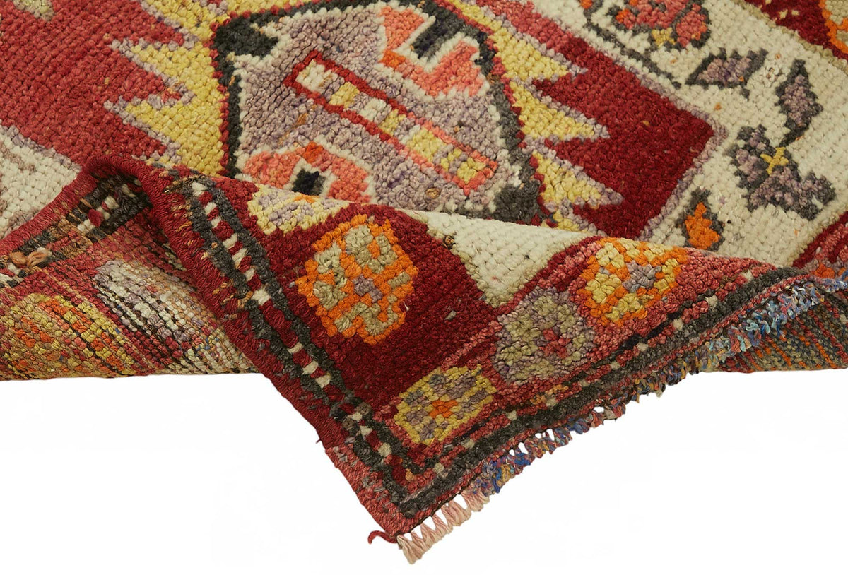 Zolvo Kırmızı Bej Geometrik Desenli 40-60 Yıllık El Dokuma Halı 90x333 cm – kenar detayı