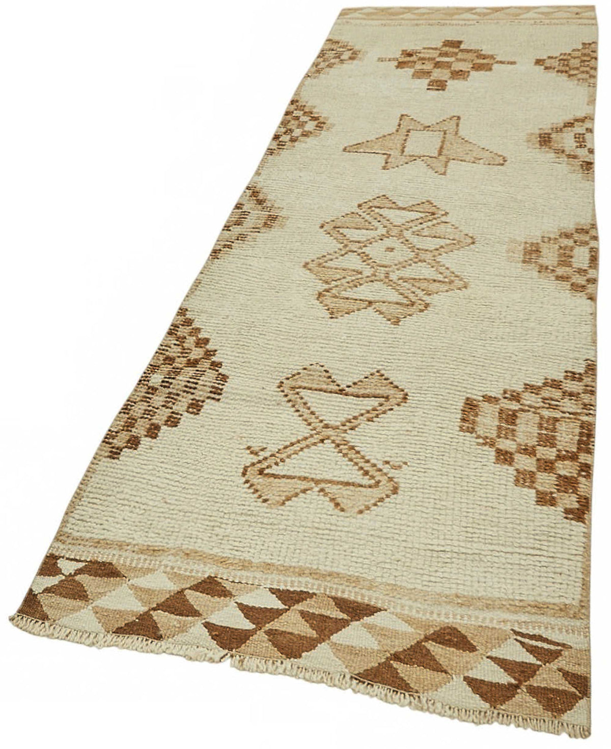 Zolvo Bej Kahverengi Geometrik Desenli El Dokuma Yolluk 95x320 cm – doku yakın çekim