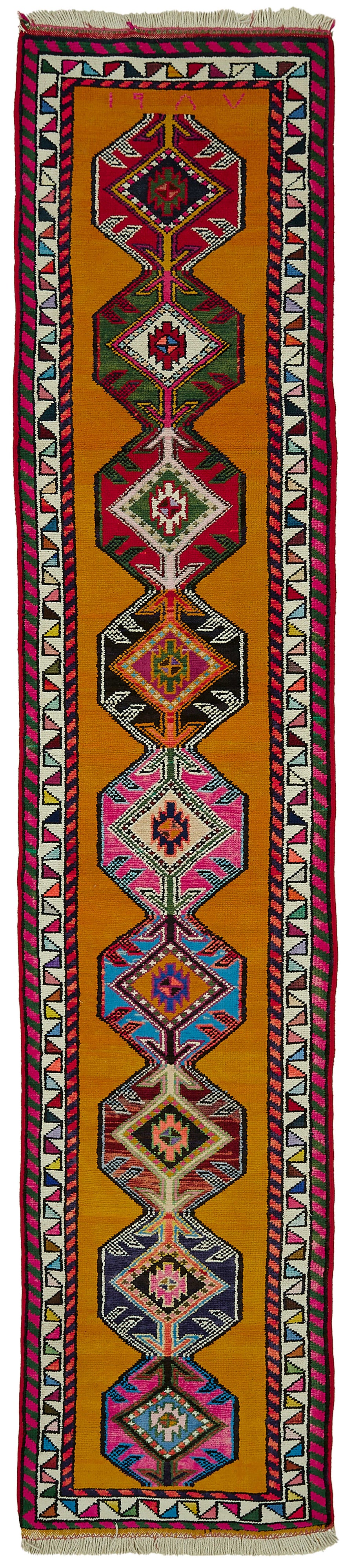 Zolvo Sarı Çok Renkli Geometrik Etnik El Dokuma Halı 82x403 cm