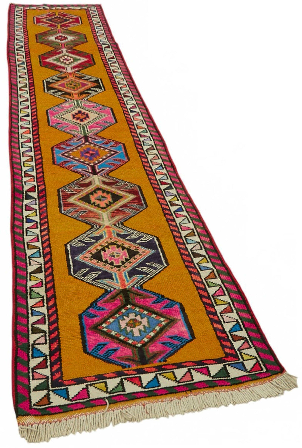 Zolvo Sarı Çok Renkli Geometrik Etnik El Dokuma Halı 82x403 cm – genel görünüm