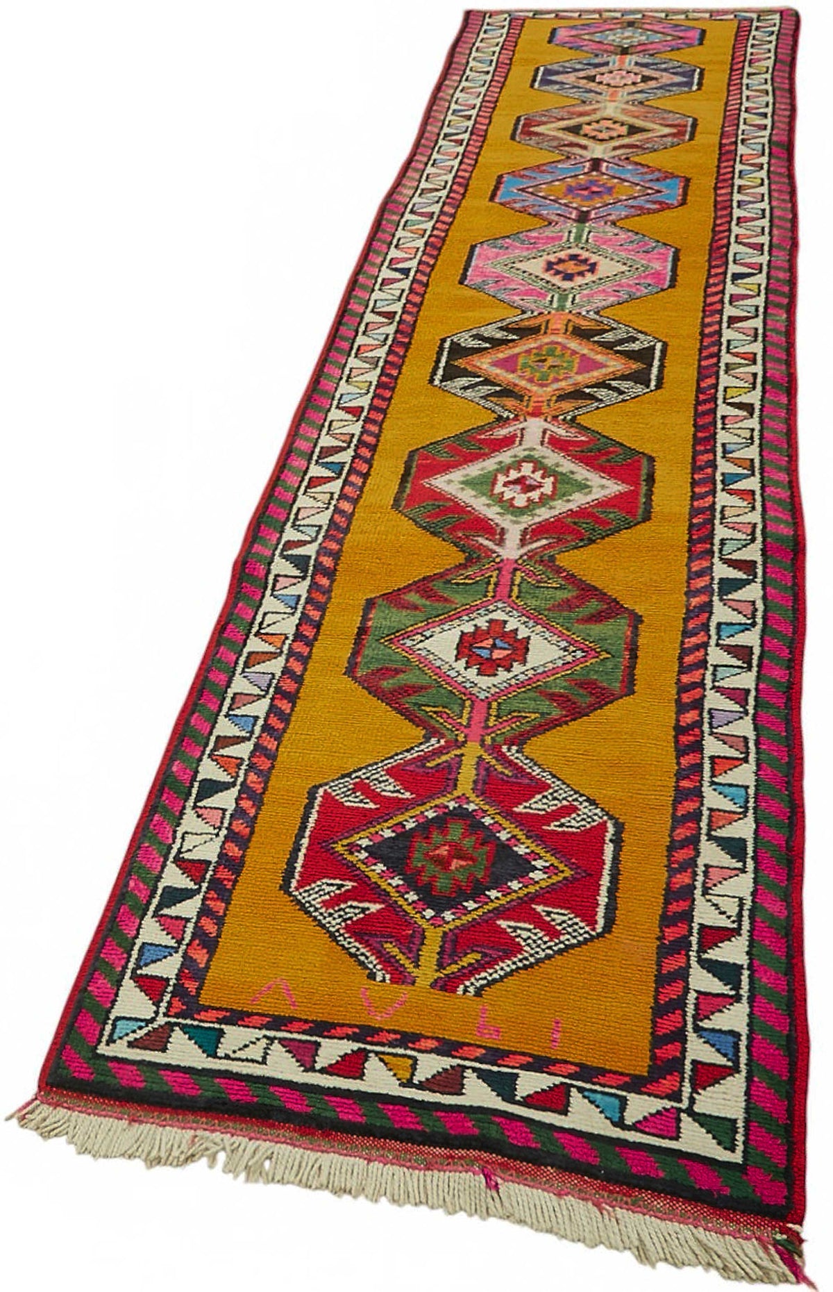 Zolvo Sarı Çok Renkli Geometrik Etnik El Dokuma Halı 82x403 cm – doku yakın çekim
