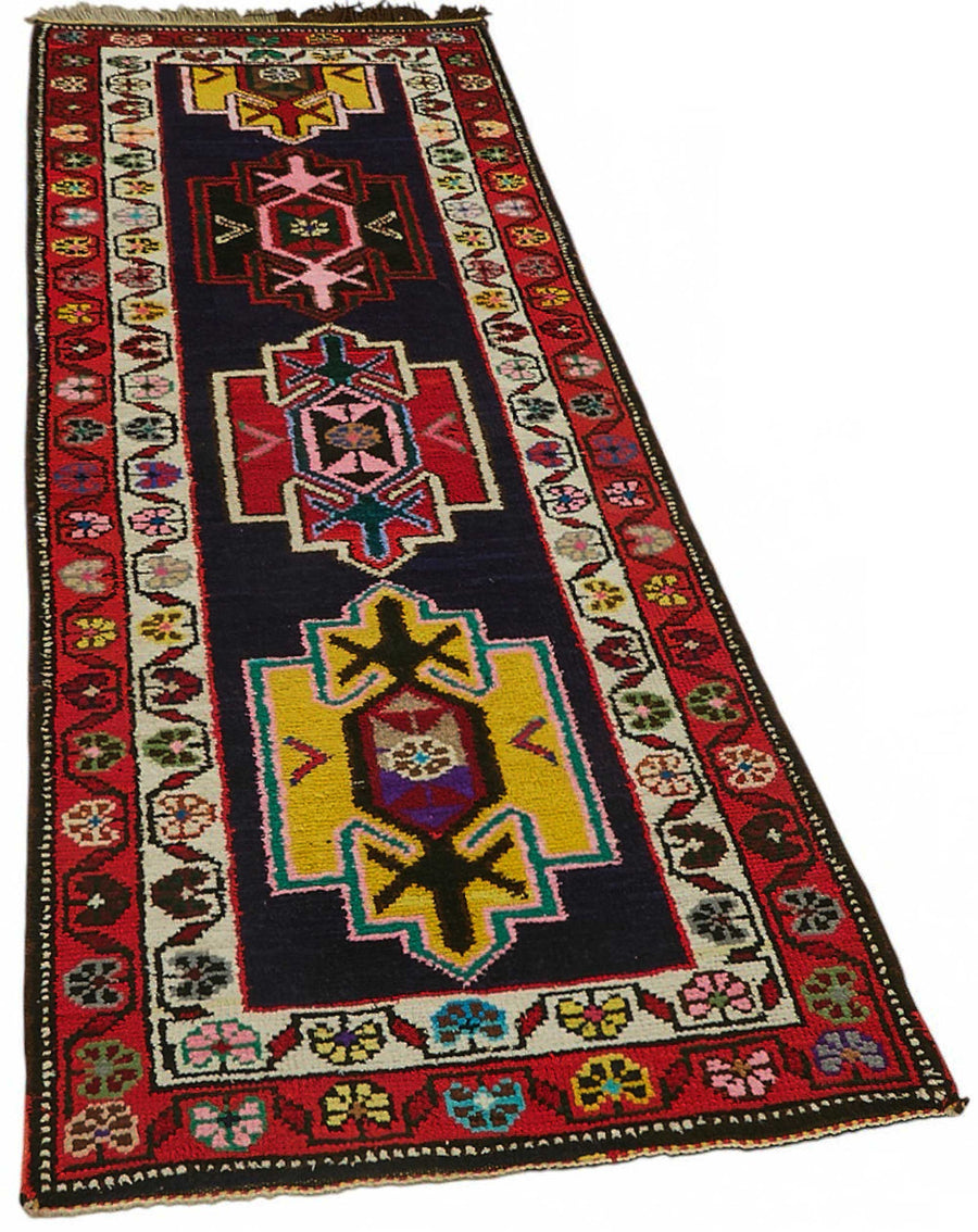 Zolvo Kırmızı Etnik Halı Lacivert Zeminli Yolluk 80x250 cm – genel görünüm
