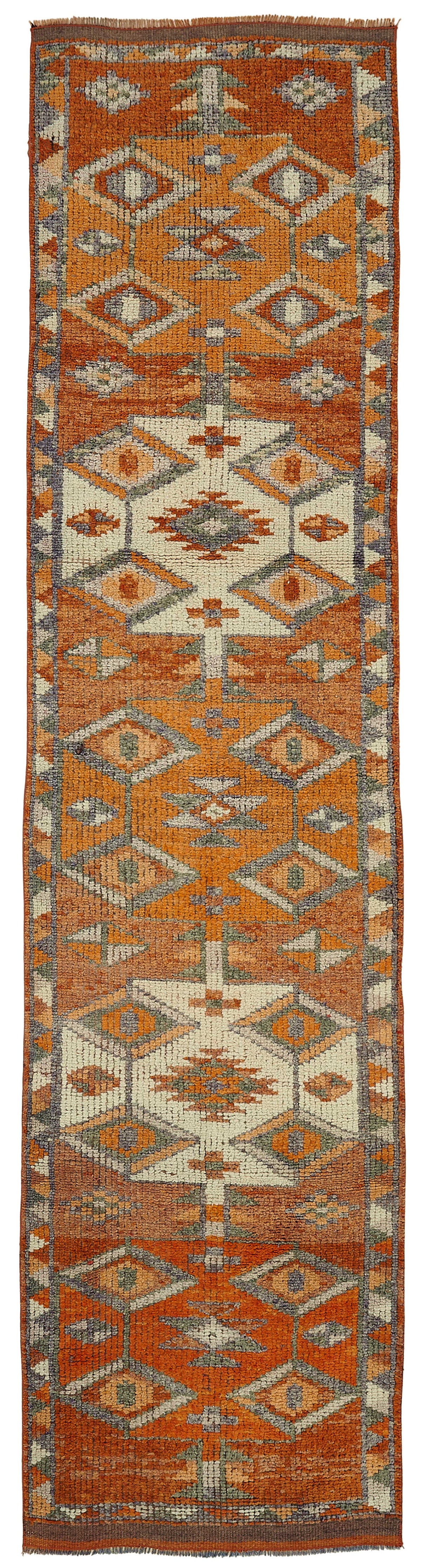 Zolvo Turuncu Bej Geometrik Desenli Yün Pamuk Halı 82x347 cm