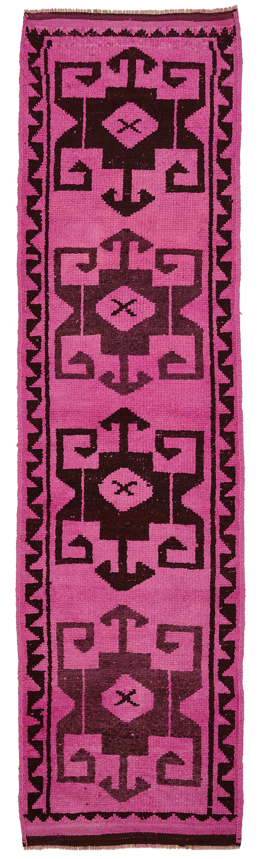 Zolvo Koyu Kahverengi ve Fuşya Geometrik Desenli Yolluk 98x362 cm
