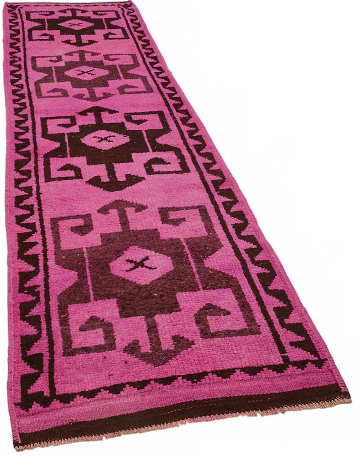 Zolvo Koyu Kahverengi ve Fuşya Geometrik Desenli Yolluk 98x362 cm – genel görünüm