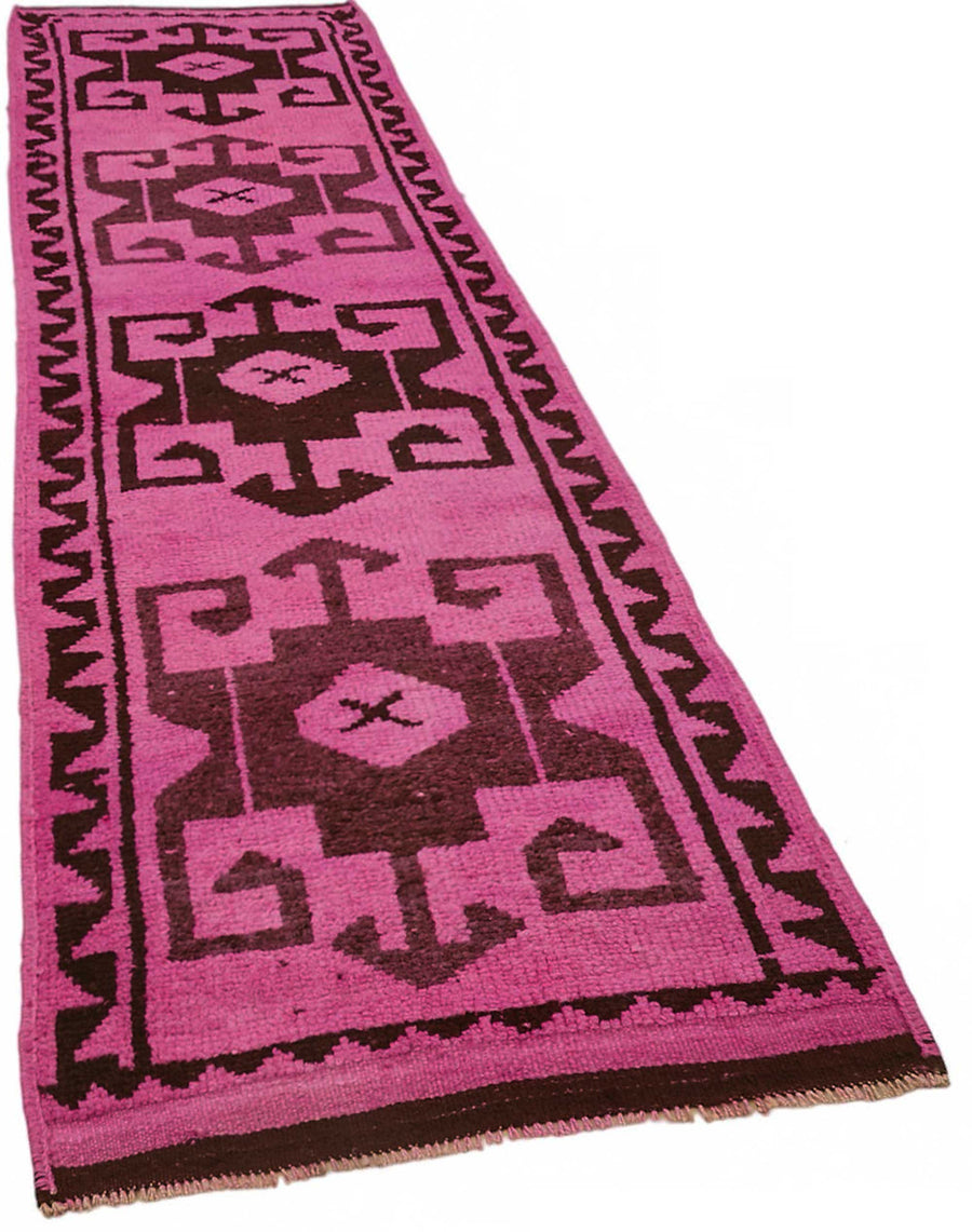 Zolvo Koyu Kahverengi ve Fuşya Geometrik Desenli Yolluk 98x362 cm – genel görünüm