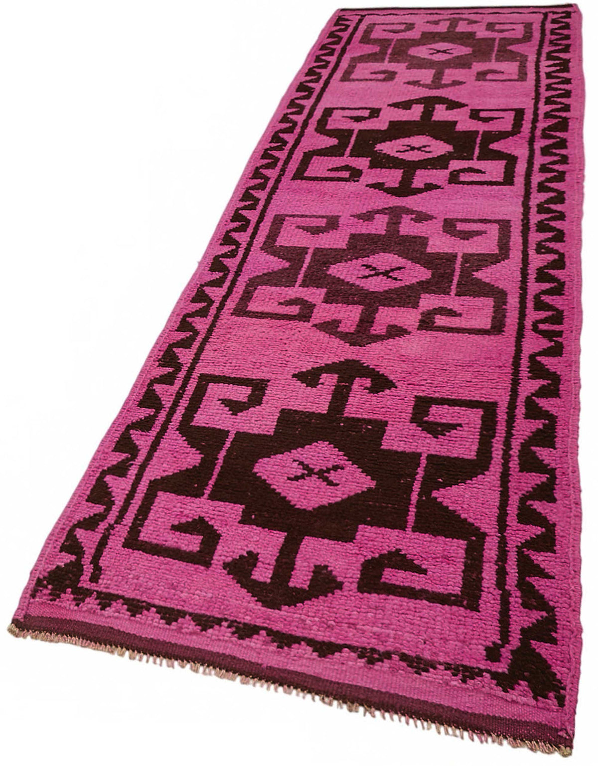 Zolvo Koyu Kahverengi ve Fuşya Geometrik Desenli Yolluk 98x362 cm – doku yakın çekim